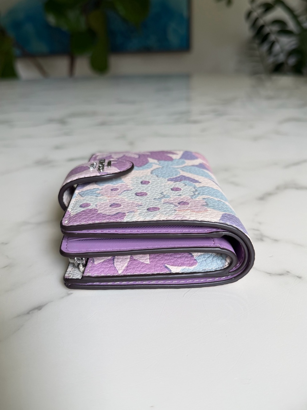 COACH Medium Corner Zip Wallet With Floral Print Ivory Purple Pink Multi CBO31 - Picture 4 of 12